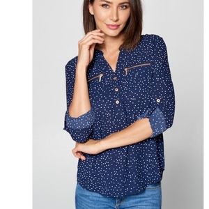 NWT Navy Zipper Polka Dot Blouse